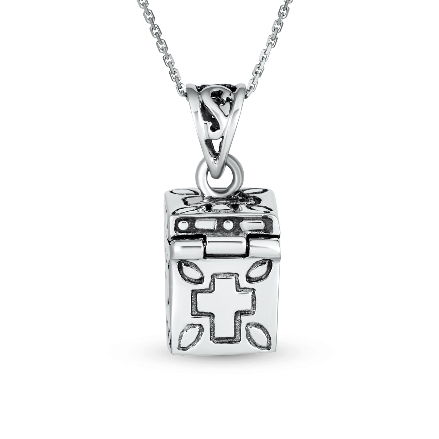 Ichthys Jesus Fish Cross Box Locket Pendant Sterling Silver Necklace