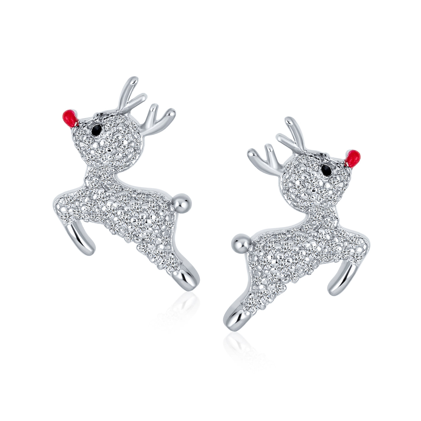 Sterling Silver Reindeer Christmas Earrings - Red Nose Rudolph Studs (Boxed Gift)