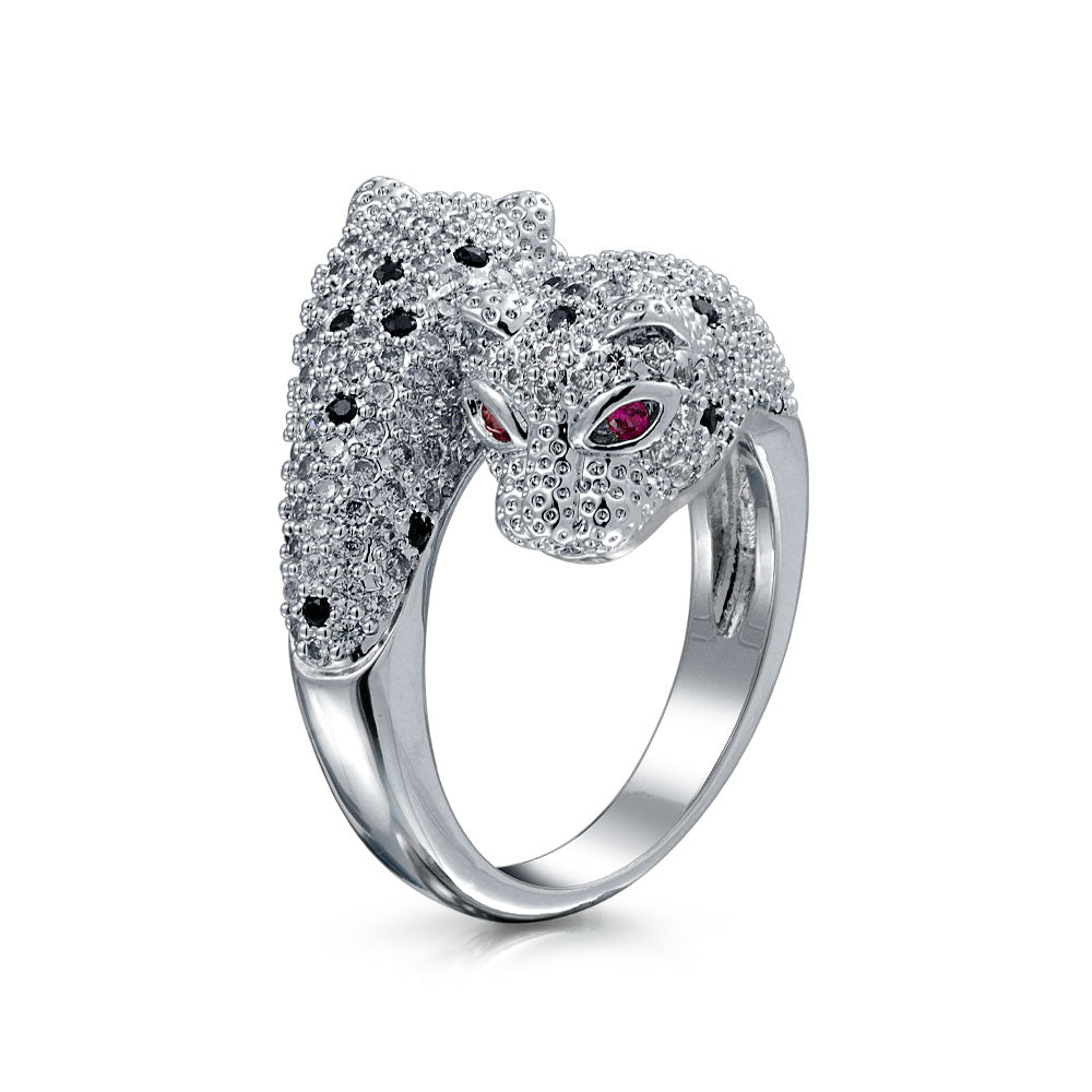 Black White Cubic Zirconia CZ Leopard Panther Cat Statement Ring