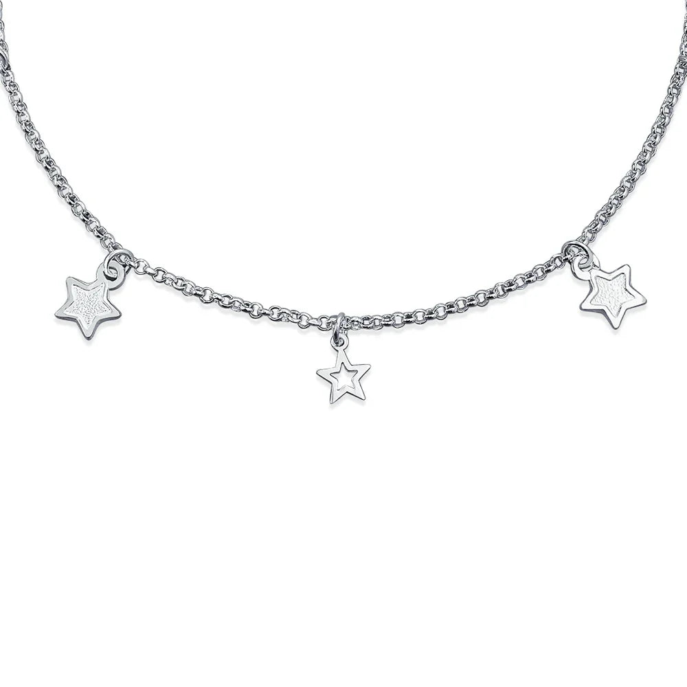 Patriotic Celestial Star Anklet Bracelet with Charms Sterling Silver Rolo Chain - Bling Jewelry