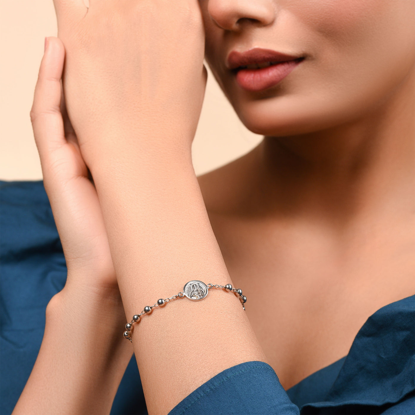 Medal Prayer Beads Virgin Mary Cross Rosary Bracelet Sterling Silver - Bling Jewelry