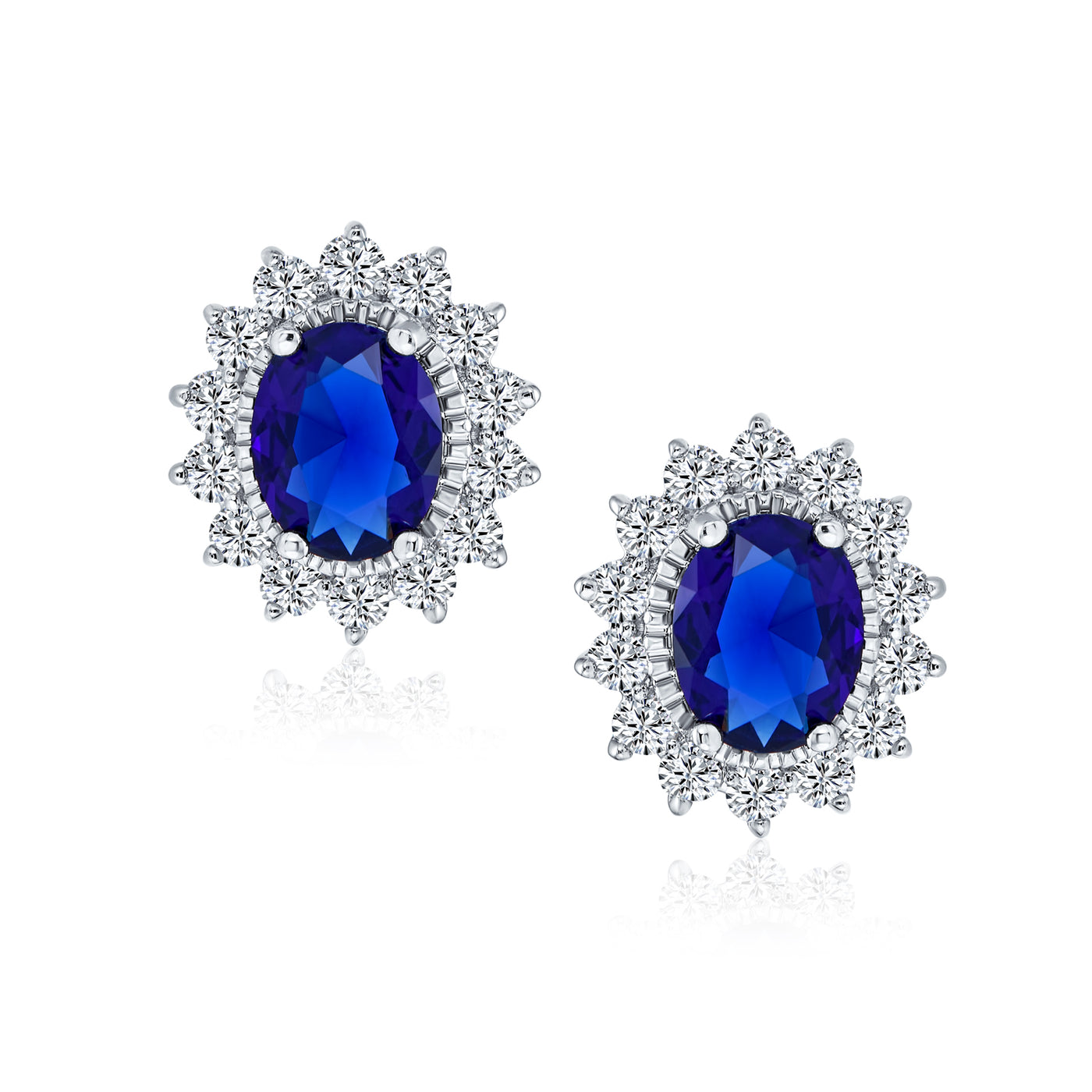 Estate Style Royal Blue Oval Crown CZ Bridal Necklace & Stud Earrings Set