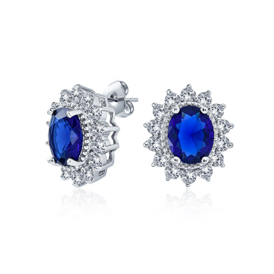 Estate Style Royal Blue Oval Crown CZ Bridal Necklace & Stud Earrings Set
