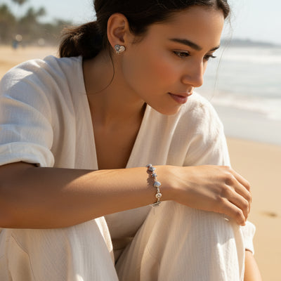 Nautical Sand Dollar Starfish Seashell Charm Bracelet & Stud Earrings Set Silver