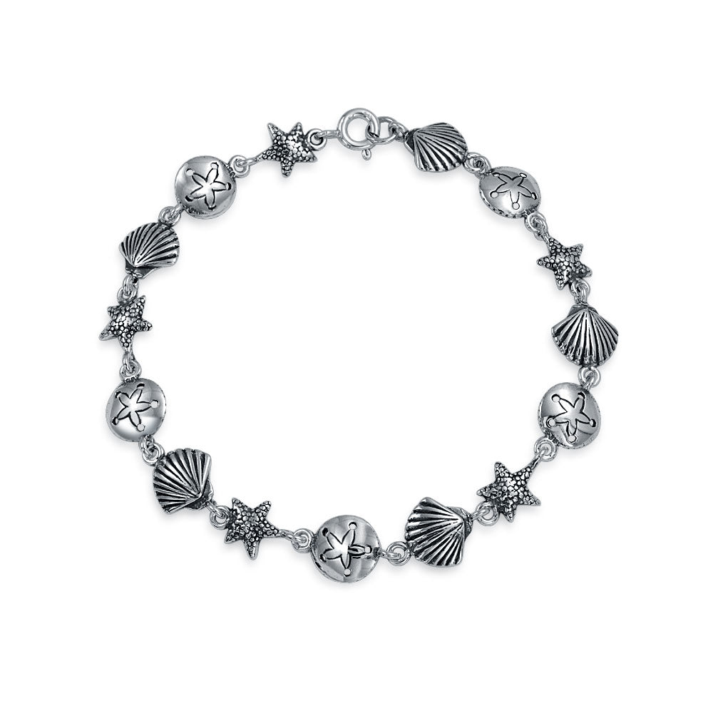Nautical Sand Dollar Starfish Seashell Charm Bracelet & Stud Earrings Set Silver