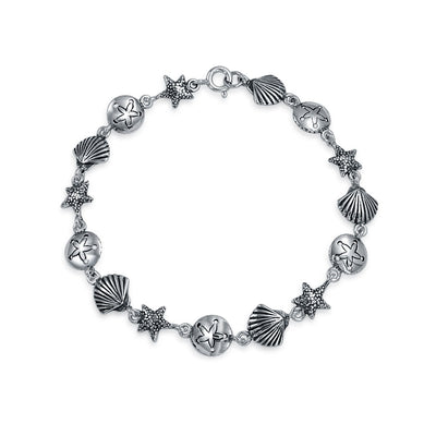 Nautical Sand Dollar Starfish Seashell Charm Bracelet & Stud Earrings Set Silver