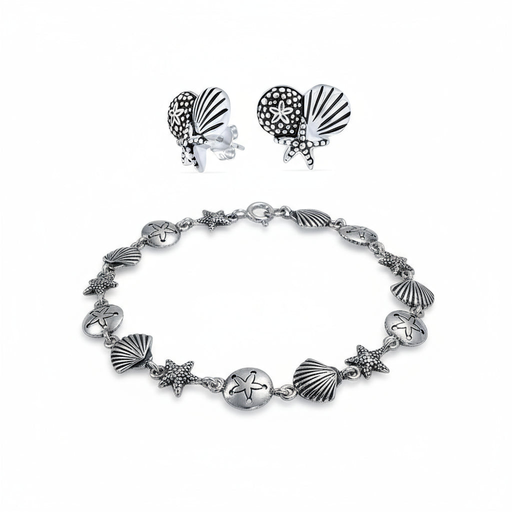Nautical Sand Dollar Starfish Seashell Charm Bracelet & Stud Earrings Set Silver