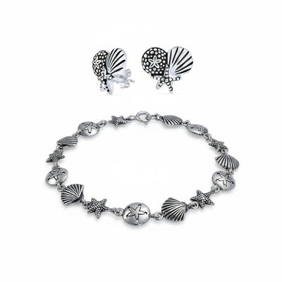 Nautical Sand Dollar Starfish Seashell Charm Bracelet & Stud Earrings Set Silver