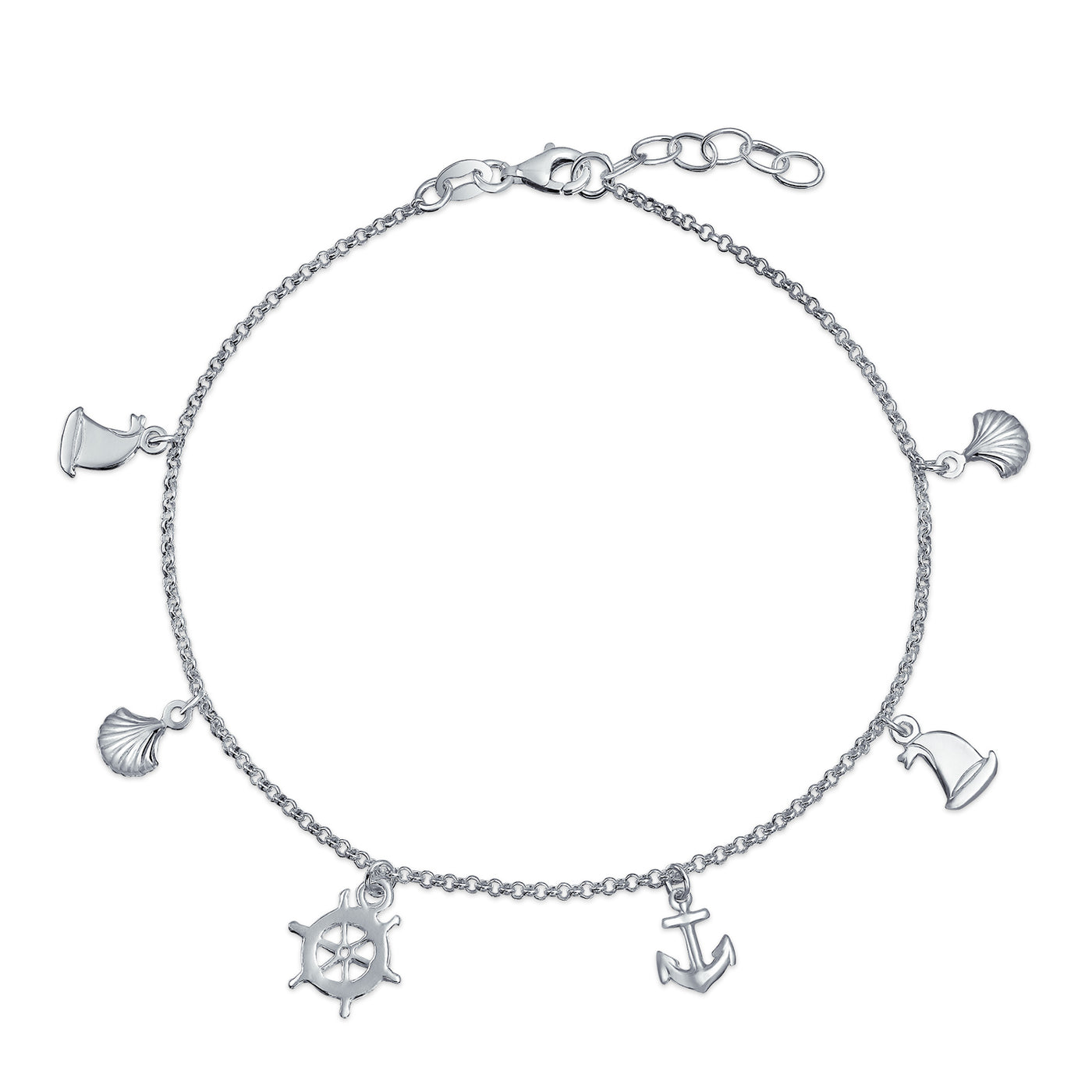 Charm Dangle Anchor Sailboat Ship Wheel Anklet .925 Sterling Silver