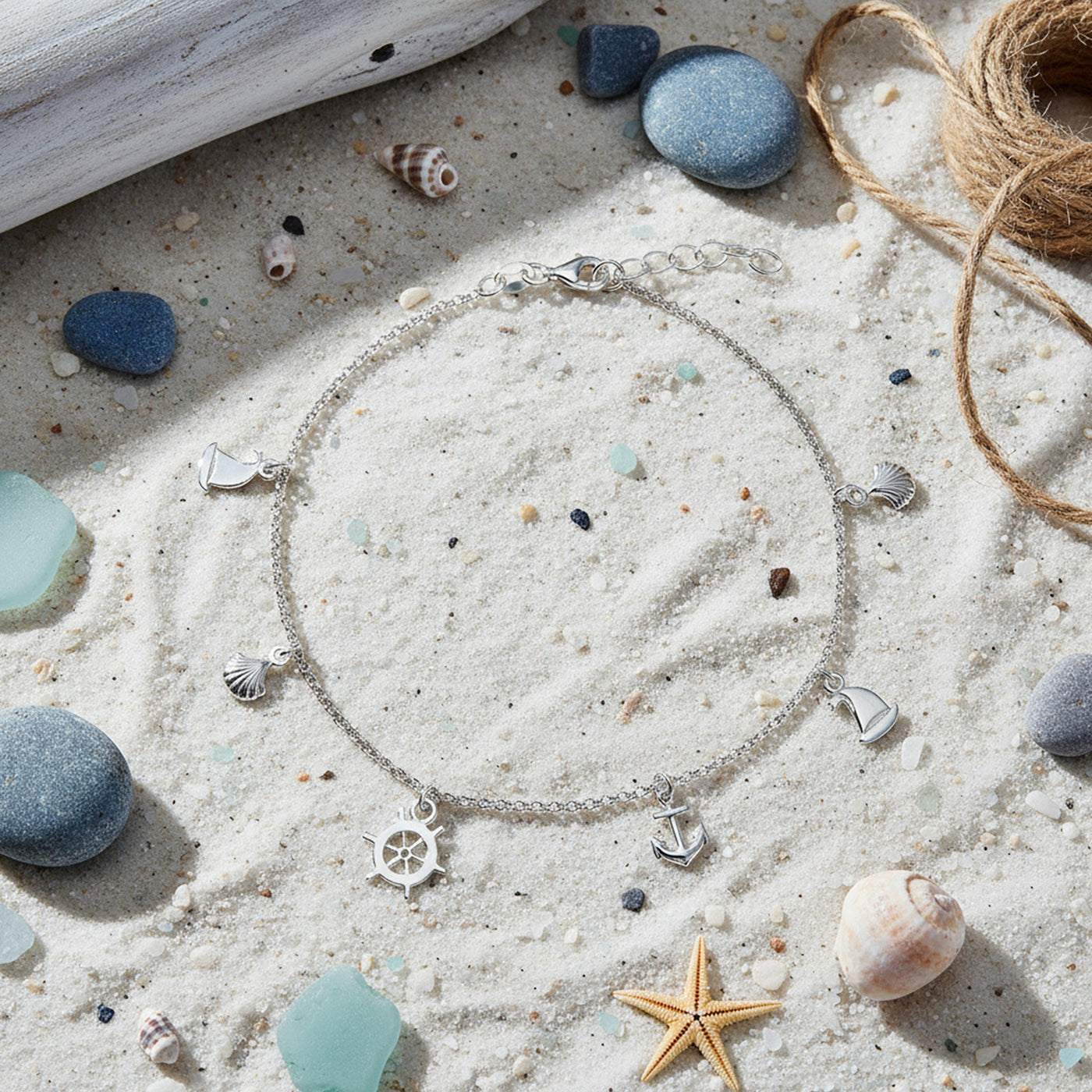 Nautical Charm Anklet Ankle Bracelet with Anchor Sailboat and Sea Shell Charms