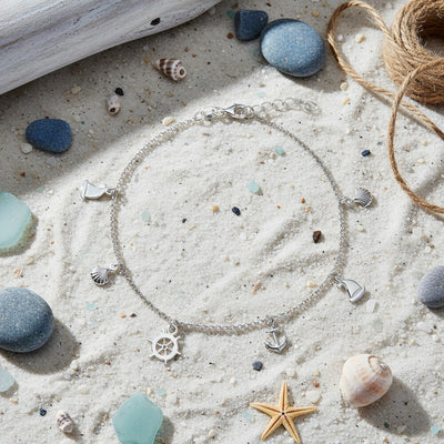 Nautical Charm Anklet Ankle Bracelet with Anchor Sailboat and Sea Shell Charms