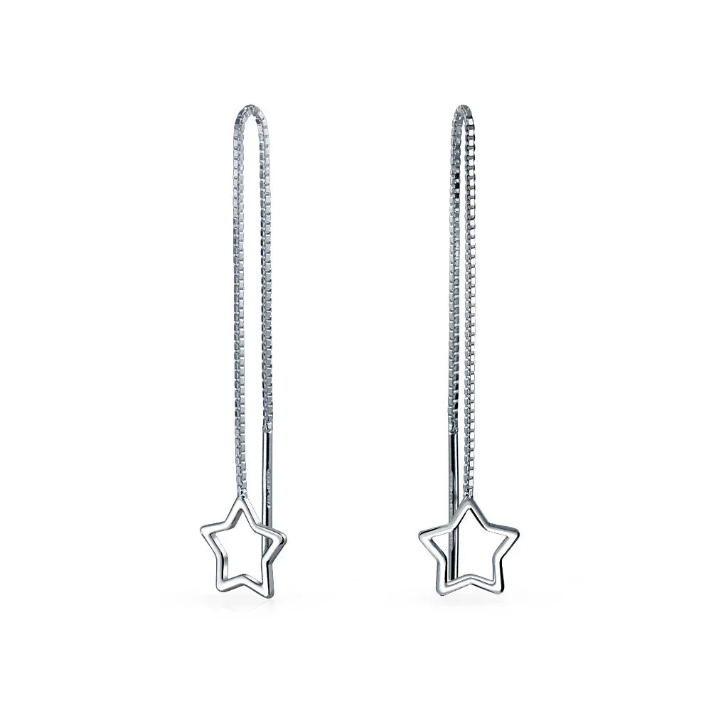 Celestial Star Dangle Earrings Long Chain Threader Sterling Silver