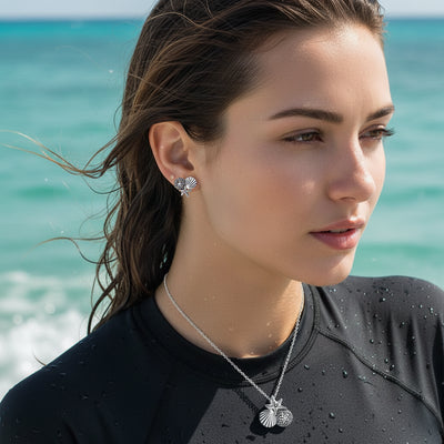 Nautical Sand Dollar Starfish Seashell Necklace & Earrings Set Sterling Silver