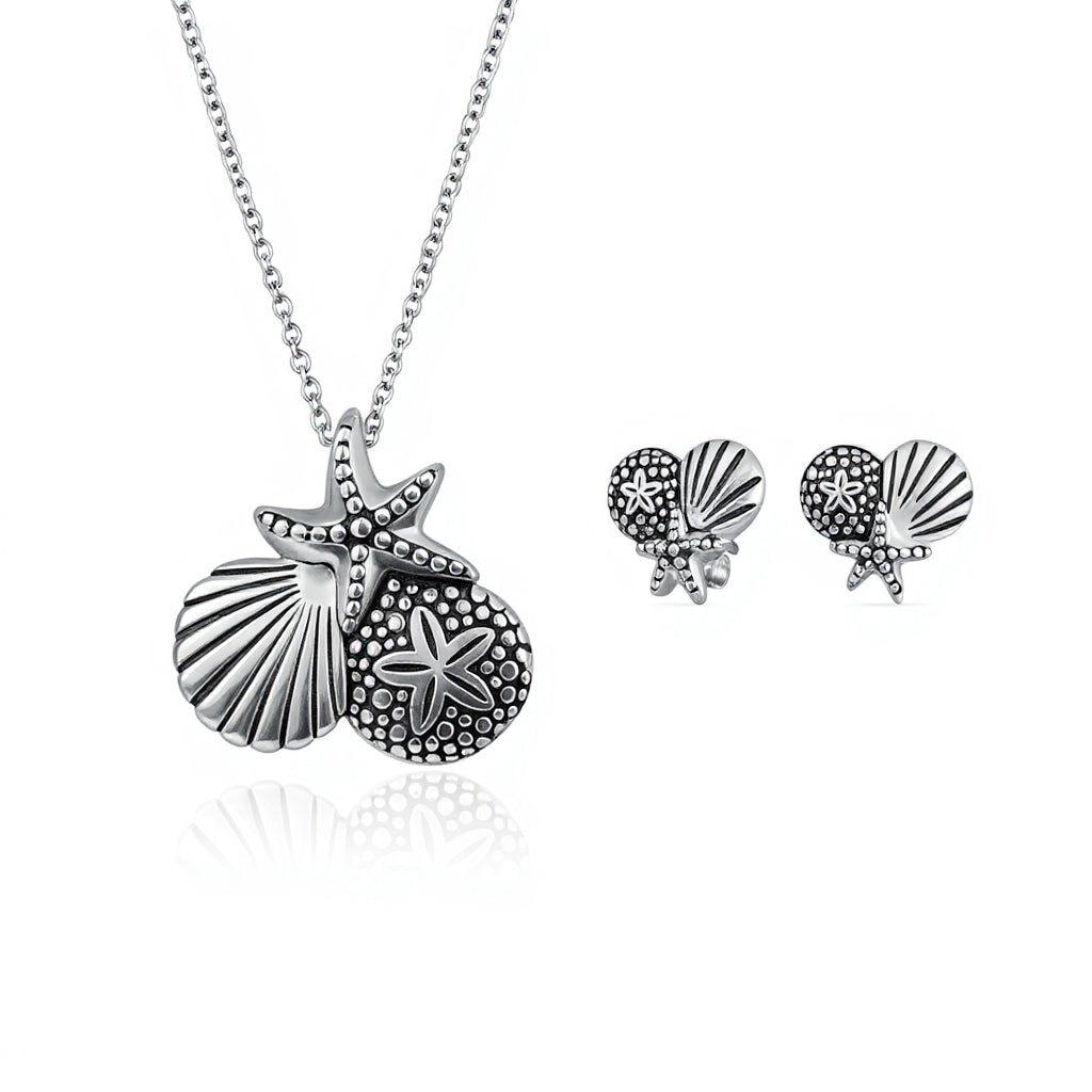 Nautical Sand Dollar Starfish Seashell Necklace & Earrings Set Sterling Silver