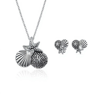 Nautical Sand Dollar Starfish Seashell Necklace & Earrings Set Sterling Silver