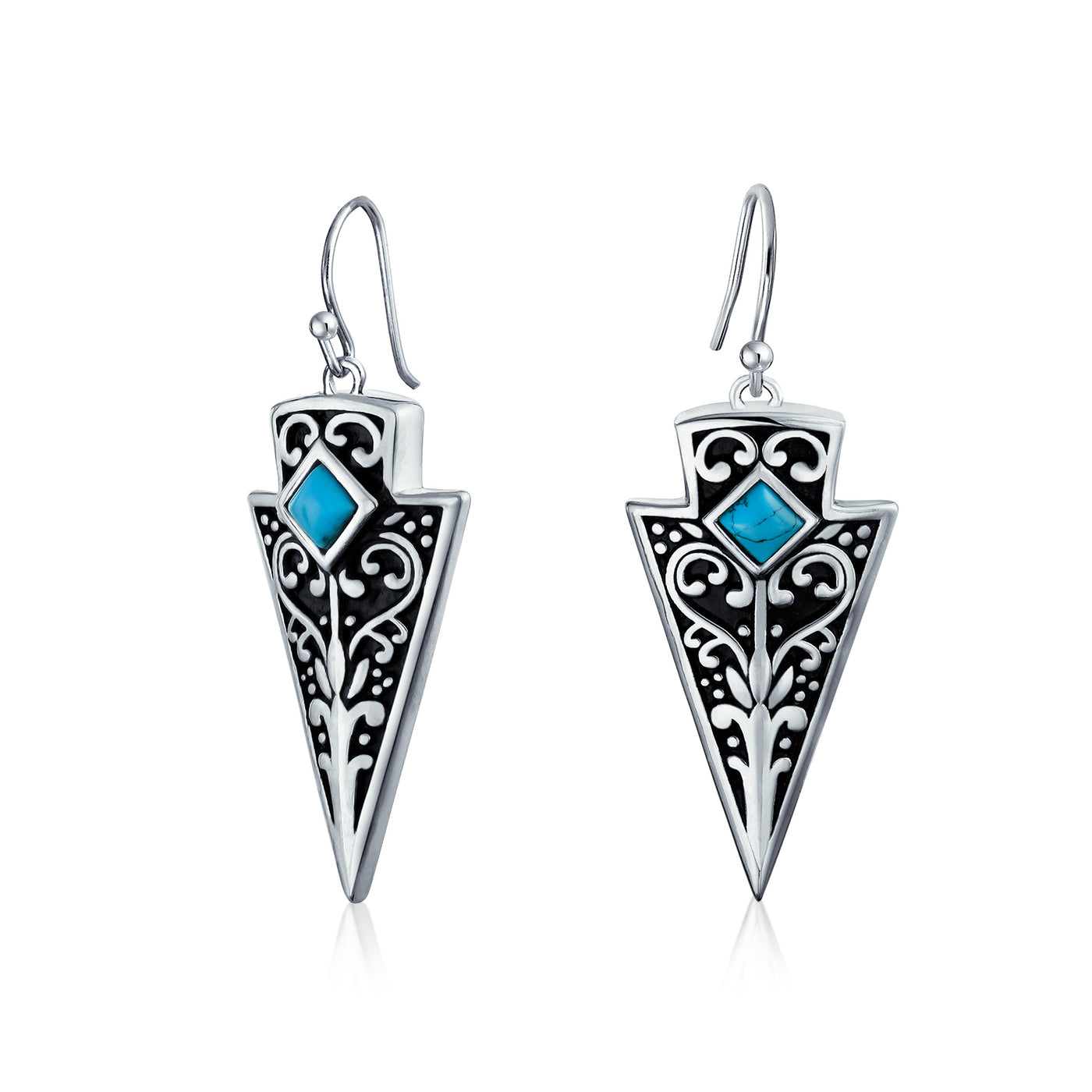 Set of 2 Boho Blue Turquoise Gemstone Arrowhead & Heart Earrings Sterling Silver