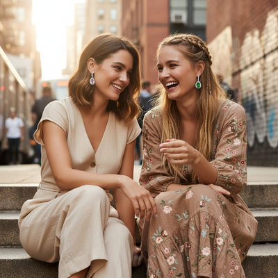 Set of 2 Teardrop Pave Cubic Zirconia CZ Green & Pink Hoop Earrings