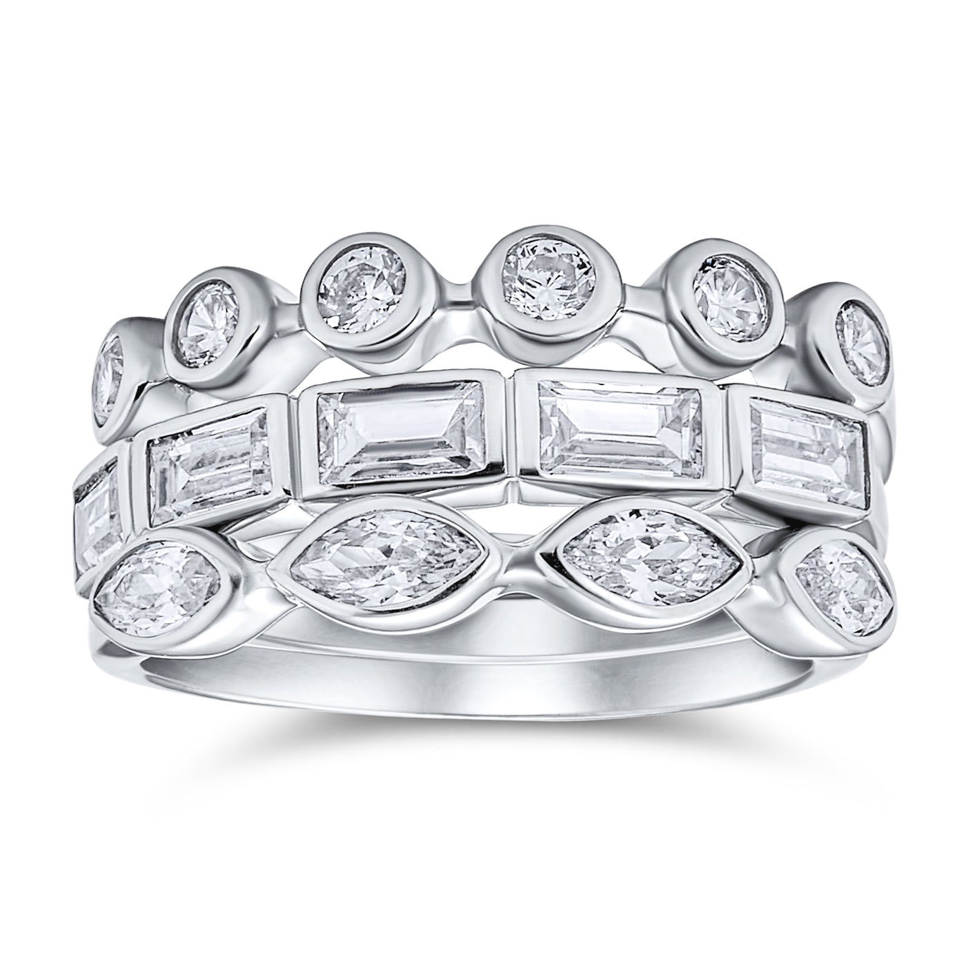 Stackable Baguette Marquise CZ Wedding Band Ring Set Sterling Silver