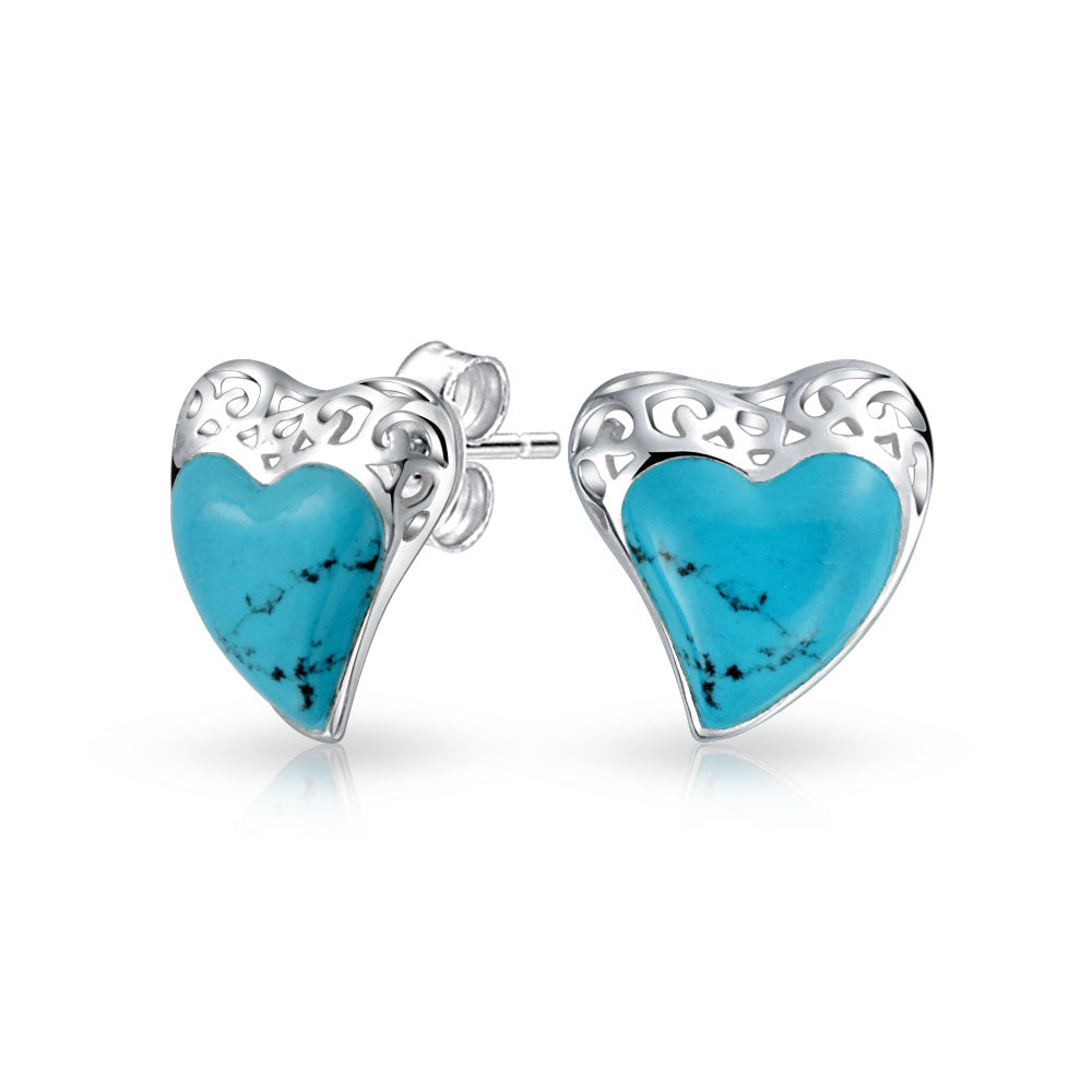 Gemstone Turquoise Filigree Heart Pendant & Stud Earrings Set Sterling Silver
