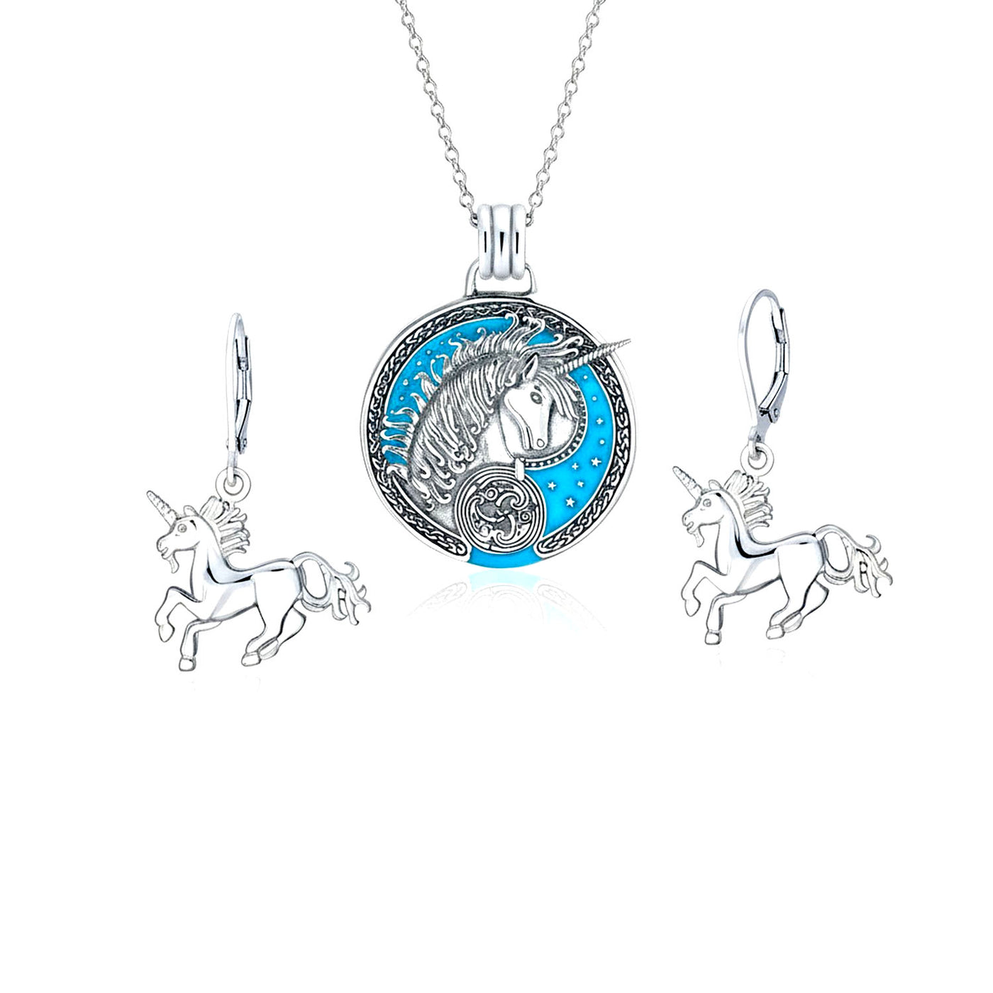 Pegasus Unicorn Medallion Necklace & Dangle Earring Set Oxidized Sterling Silver
