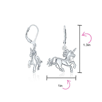 Pegasus Unicorn Crescent Moon Necklace & Dangle Earrings Set Sterling Silver