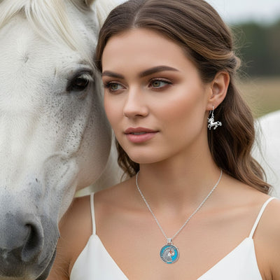 Pegasus Unicorn Medallion Necklace & Dangle Earring Set Oxidized Sterling Silver