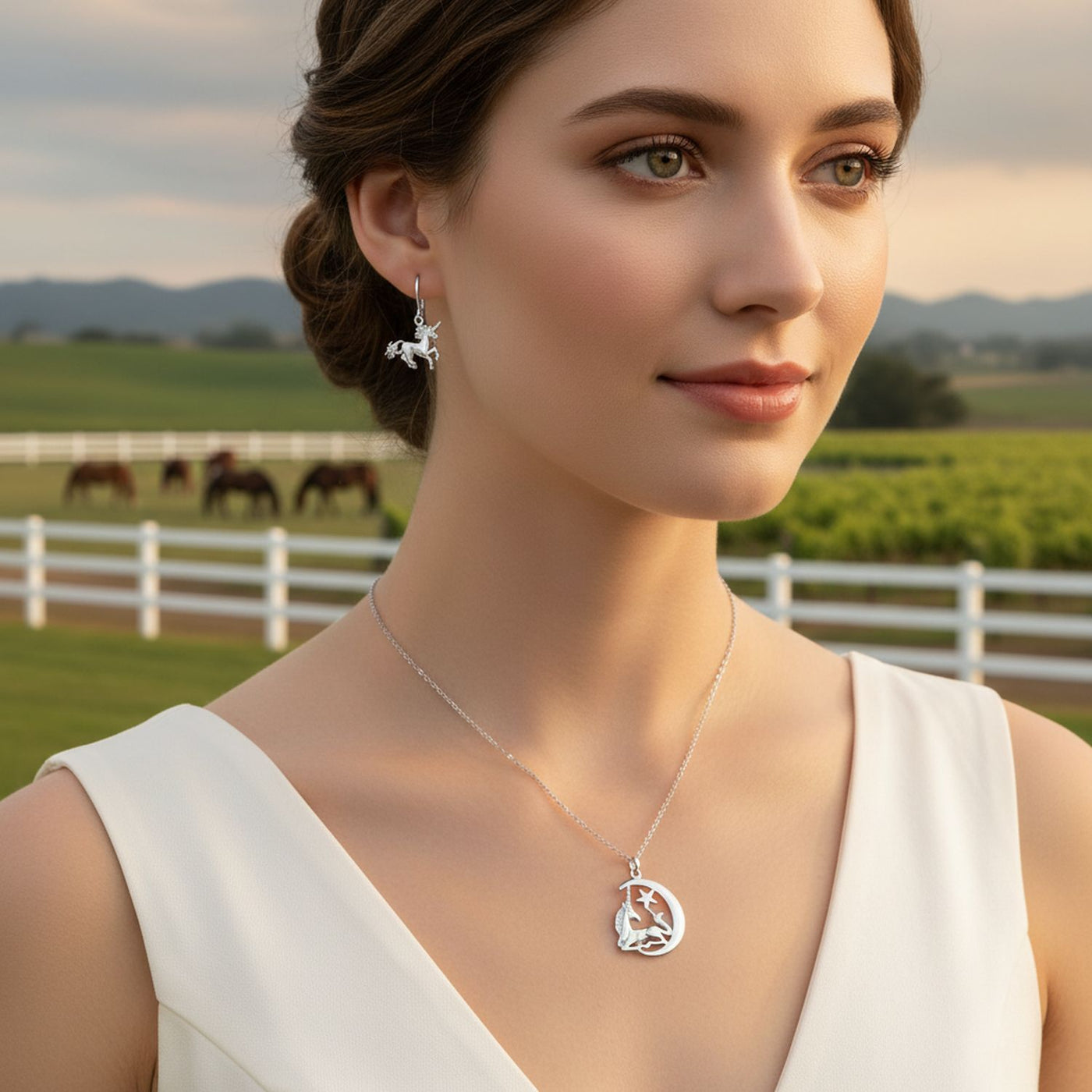 Pegasus Unicorn Crescent Moon Necklace & Dangle Earrings Set Sterling Silver