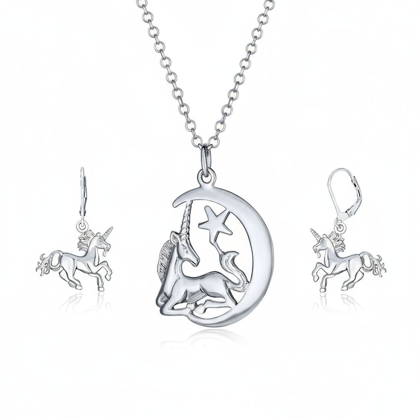 Pegasus Unicorn Crescent Moon Necklace & Dangle Earrings Set Sterling Silver