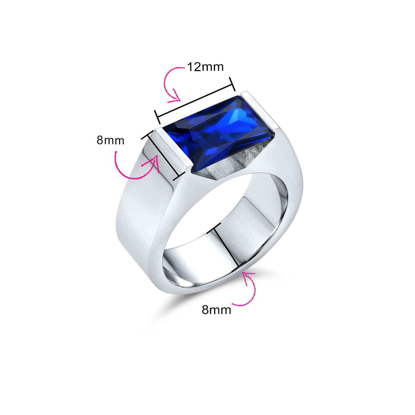 Mens Stainless Steel Ring 4CTW Simulated Blue Sapphire or Clear CZ Emerald Cut