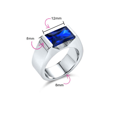 Mens Stainless Steel Ring 4CTW Simulated Blue Sapphire or Clear CZ Emerald Cut