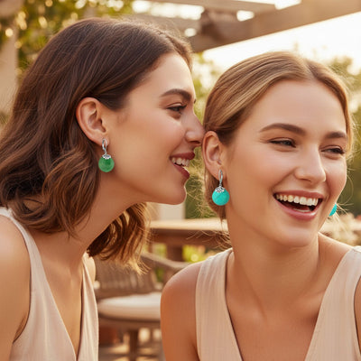 Set of 2 Filigree Lever Back Gemstones Turquoise & Jade Disc Dangle Earrings
