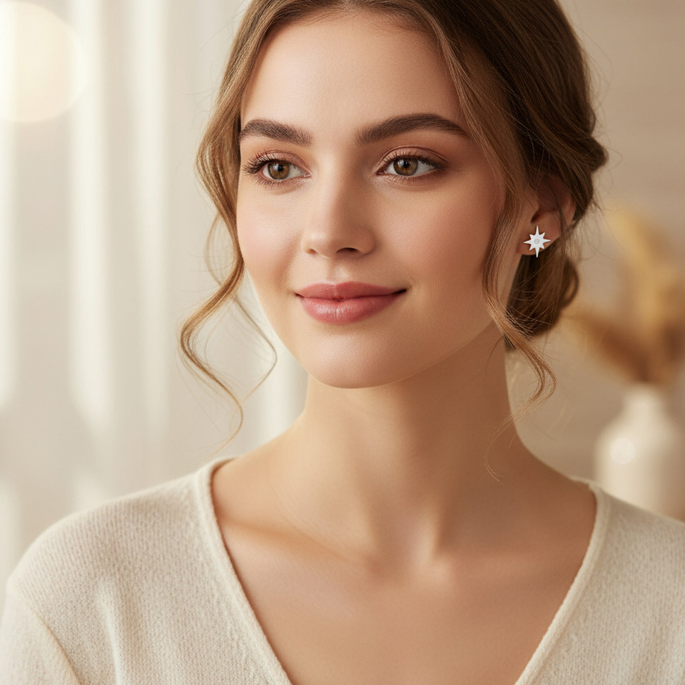 Trendy Petite CZ Stud Earrings with Celestial Polaris North Star Design Silver