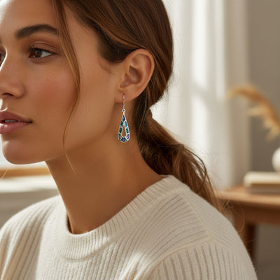 Boho Abalone Shell Teardrop Dangle Earrings Silver Leverback