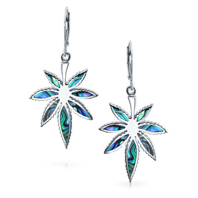 Rainbow Abalone Marijuana Leaf Necklace & Earrings Jewelry Set Sterling Silver