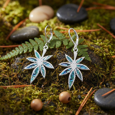 Rainbow Iridescent Abalone Shell Weed Leaf Dangle Earrings Sterling Silver