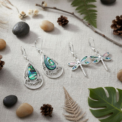 Set of 2 Butterfly Dragonfly & Filigree Teardrop Abalone Shell Dangle Earrings