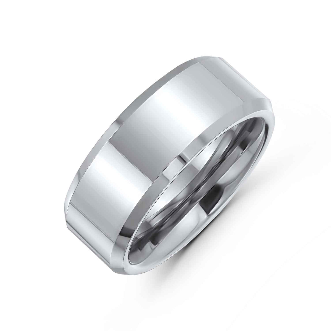 Simple Polished Titanium Wedding Band Ring Beveled Edge Silver Tone Comfort Fit