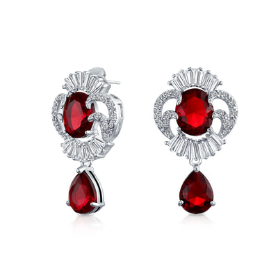 Vintage Art Deco Bridal Red CZ Bib Necklace & Teardrop Earrings Jewelry Set