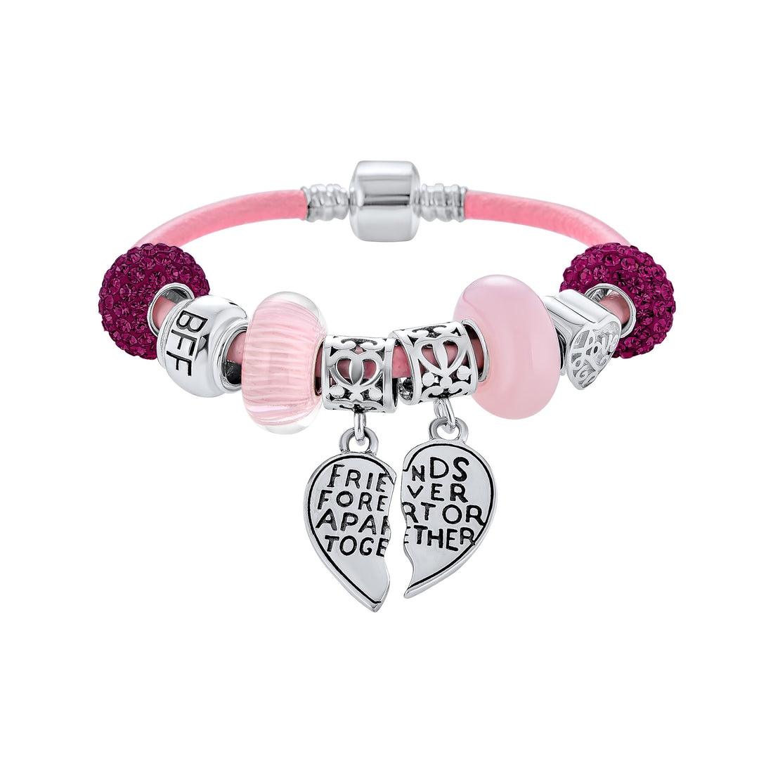 Best Friend Sorority Sister BFF Split Heart Multi Charm Bracelet Pink