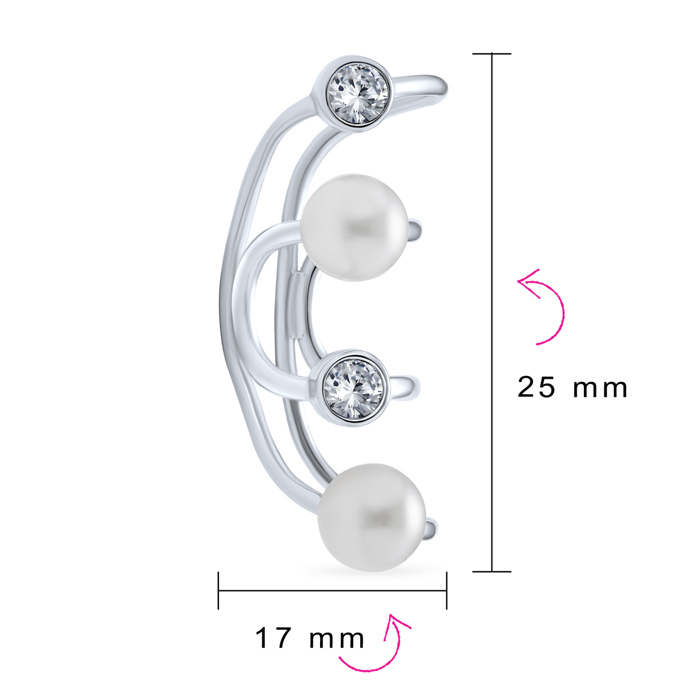 Geometric Spiral Wire Crystal Cartilage Pearl Earring Sterling Silver