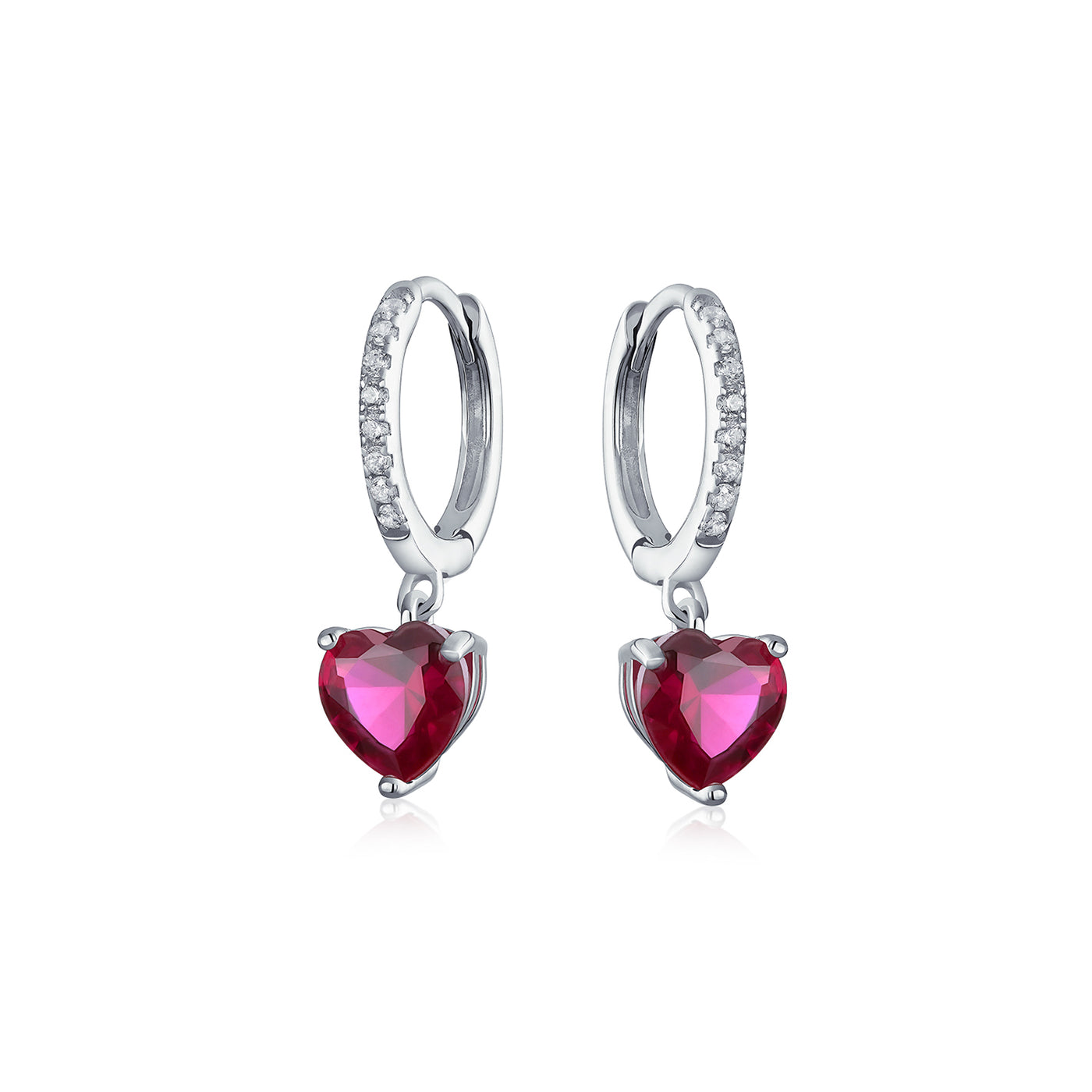 Imitation Ruby Red Pink CZ Heart Hoop Drop Earrings Sterling Silver