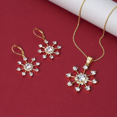 Festive Christmas CZ Snowflake Pendant Necklace Winter Holiday Party Gold Plated
