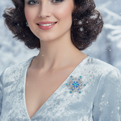 Large Multi Ice Blue Snowflake Brooche Pin Crystal Holiday Party Rhodium Plated