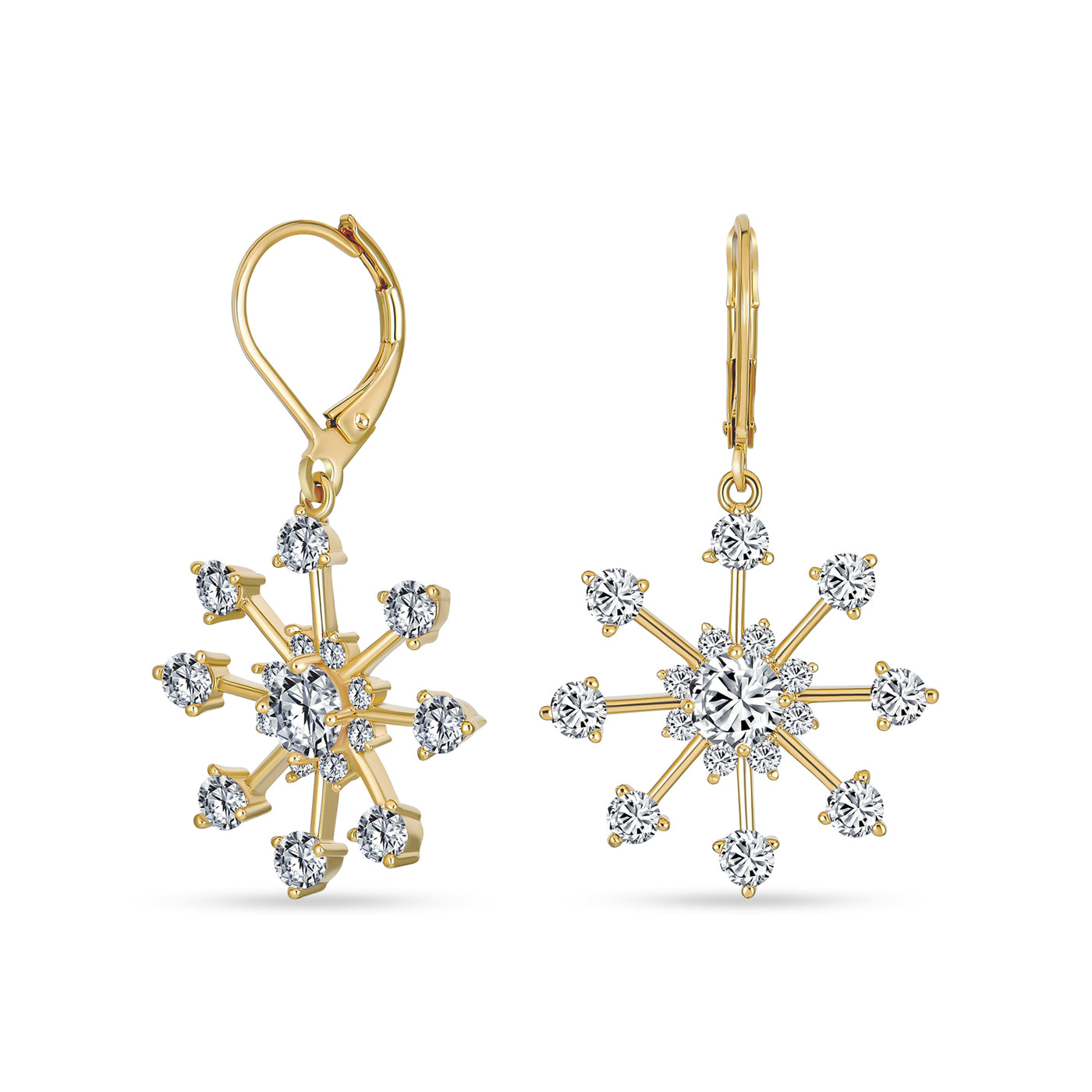 Christmas Lever back Winter CZ Snowflake Dangle Earrings Gold Plated