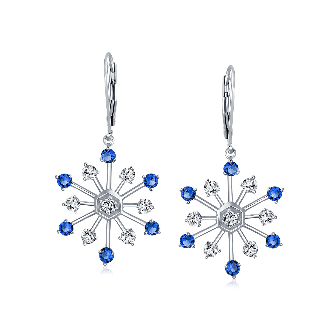 Winter Snowflake Drop Earrings Blue Cubic Zirconia CZ Silver Plated