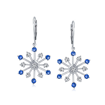 Winter Snowflake Drop Earrings Blue Cubic Zirconia CZ Silver Plated