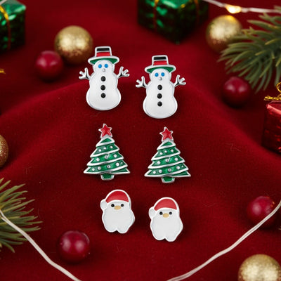 Set of 3 Small Holiday Winter Santa Claus Christmas Tree Snowman Stud Earrings