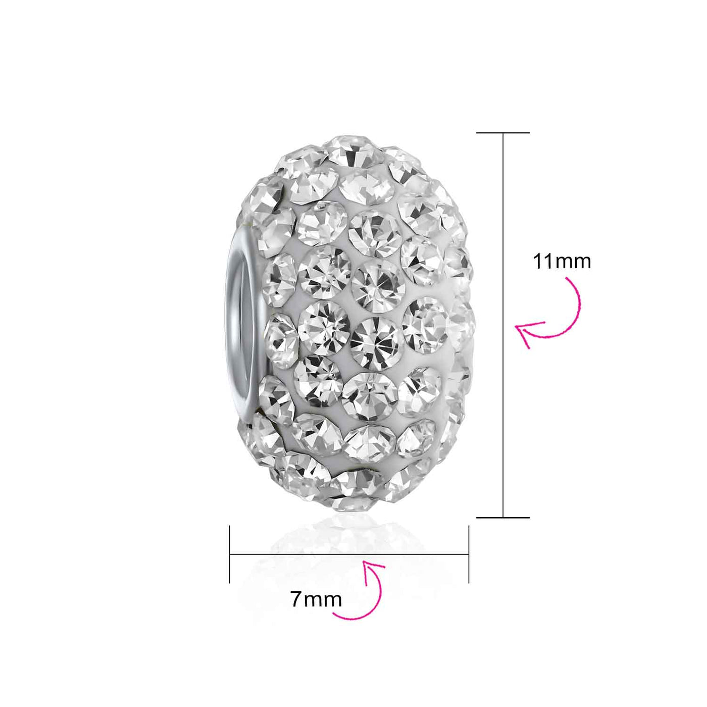 Set of 2 Solid White Pave Crystal Bead Charm Sterling Silver Core