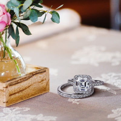 Art Deco 2CT Asscher Cut Square Halo CZ Engagement Wedding Ring Set Silver