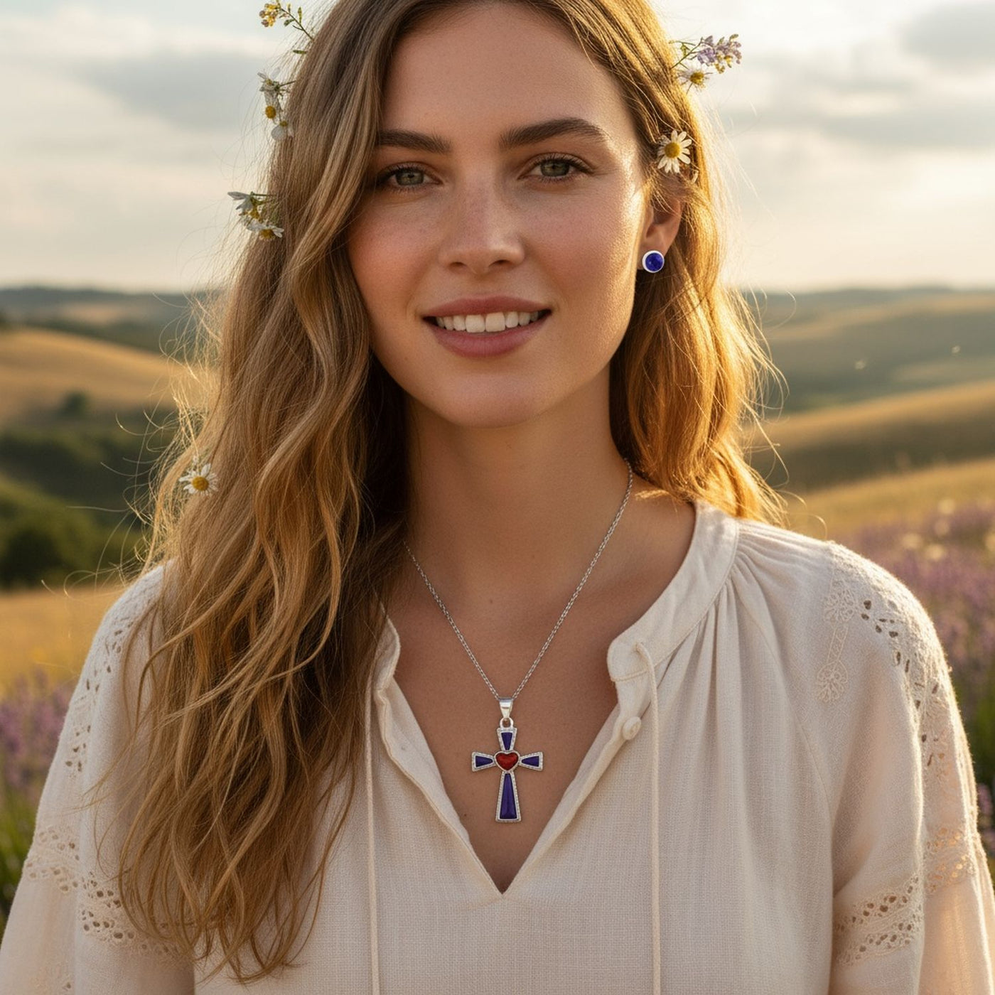 Blue Lapis Heart Cross Necklace & Dome Stud Earrings Jewelry Set Sterling Silver